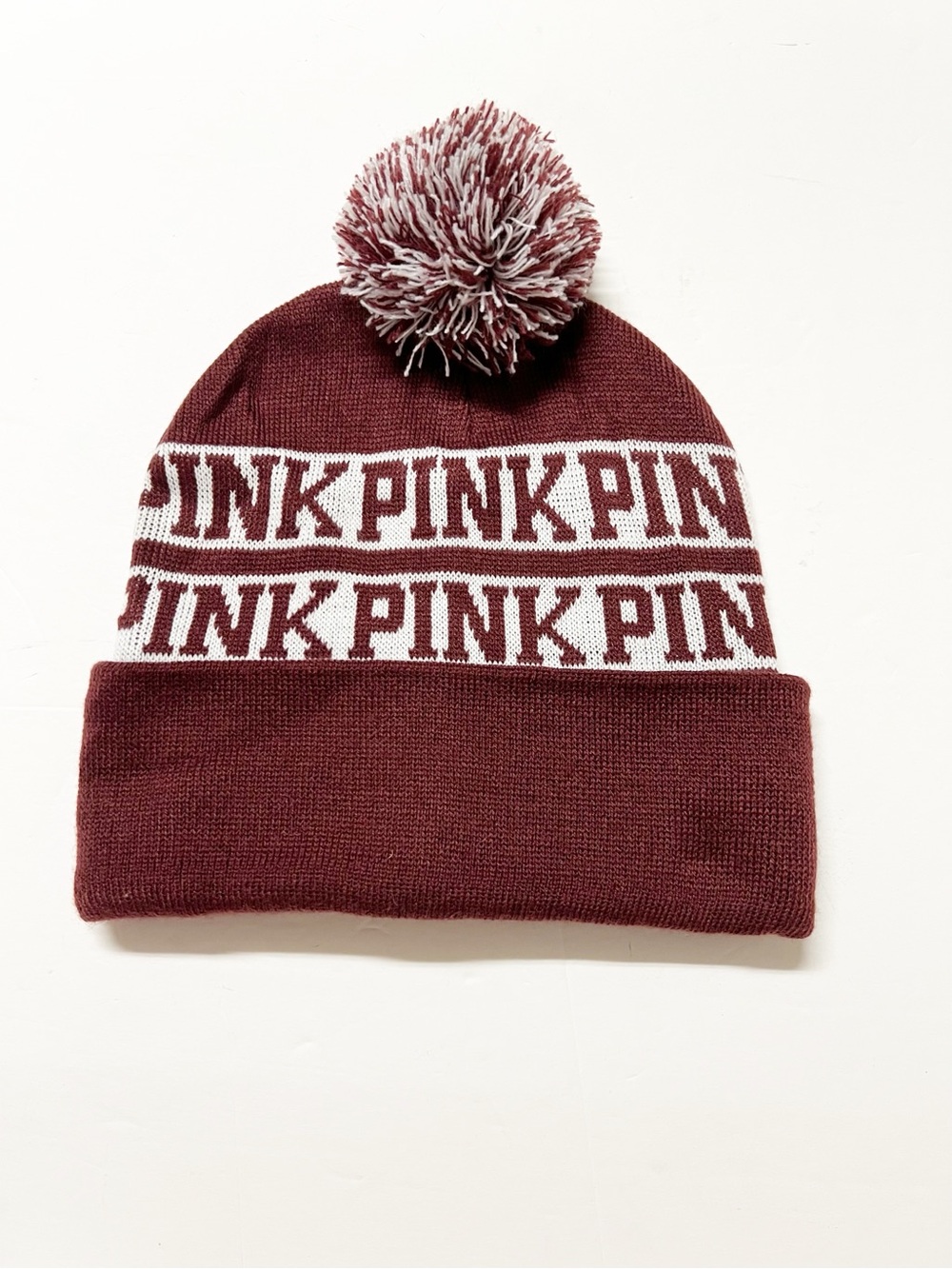 PINK Victorias Secret Womens Maroon White Pom Double Layer Logo Beanie Hat